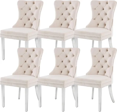 Miniatura 20 de KCC Nikki Collection - Juego de 4 sillas de comedor de terciopelo tapizadas de alta gama con anillo trasero de clavo, patas de madera maciza