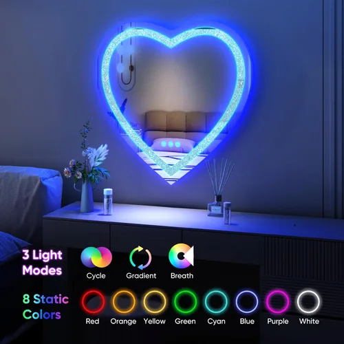 Miniatura 2 de Espejo en forma de corazón de 24"x24", espejo de diamante aplastado, espejo de tocador LED RGBWY con luces, 3 modos de iluminación y 7