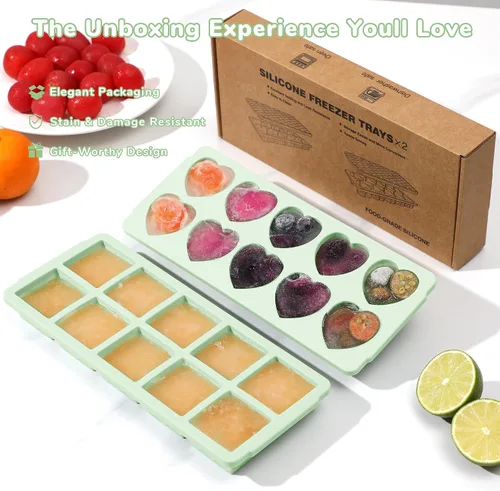 Miniatura 9 de Doasuwish Bandejas de cubitos de hielo para congelador con tapas, 2 cucharadas de 10 cubos cuadrados y bandejas de hielo en forma de corazón, moldes