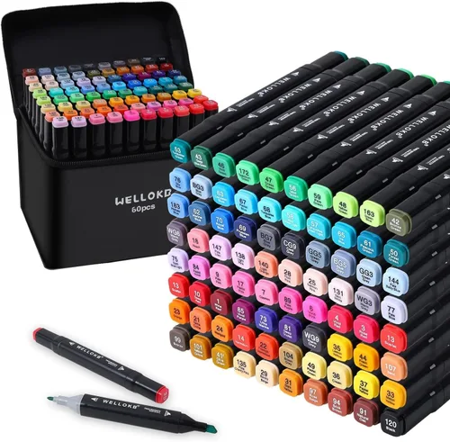 WELLOKB Marcadores de alcohol, 60 colores de doble punta para dibujar, para colorear de adultos, tinta a base de alcohol, ideal para pintar libros y