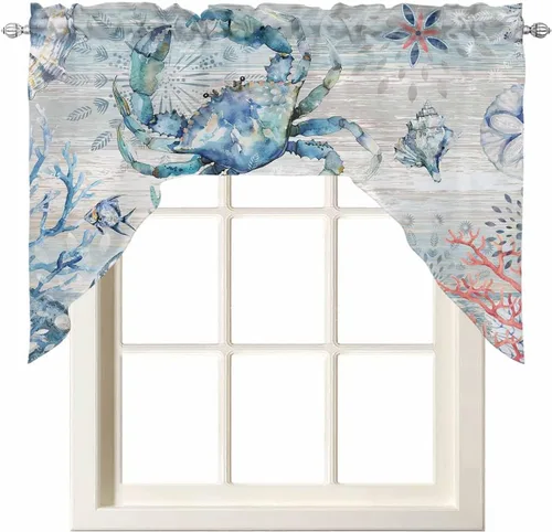 Cortinas de cocina con cenefa de cangrejo oceánico, cenefa con bolsillo para barra, paneles de cortina para dormitorio, sala de estar, baño,
