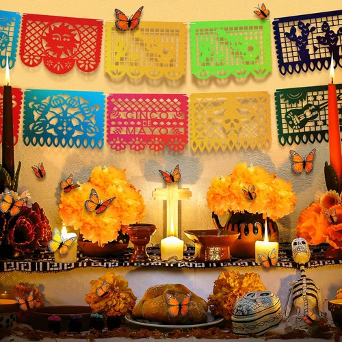 Miniatura 3 de 18 pancartas para fiesta del Día de los Muertos, Día de los Muertos, decoración del Día de los Muertos con 24 piezas de mariposa monarca, 3 flores