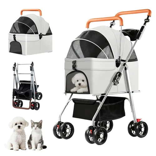 Miniatura 10 de YYW Cochecito para mascotas para perros y gatos pequeños, 3 en 1 plegable para gatitos, cachorros, carrito de paseo de viaje con portador extraíble