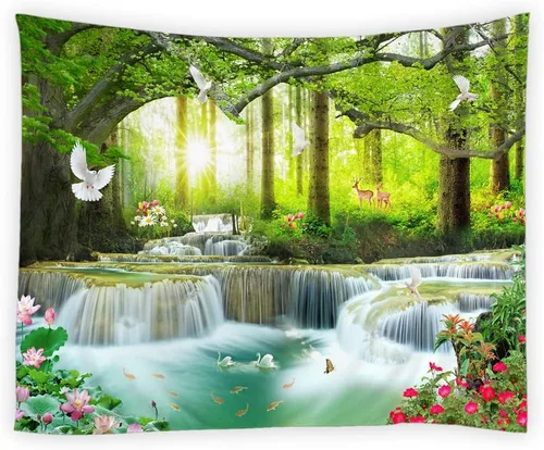 Miniatura 2 de YSATNSFT Tapiz de cascada, naturaleza, bosque, árbol, animales salvajes, amanecer, primavera, verano, paisaje, decoración del hogar, tapices, manta