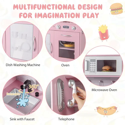 Miniatura 2 de Costzon Juego de cocina para niños, gran juego de juguetes de cocina de chef de madera con sonidos y luces reales, microondas, pizarra, horno, Rosa