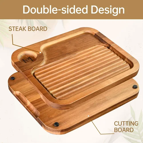 Miniatura 6 de Platos de bistec de madera de acacia, tabla de cortar carnívora para comer, plato de carne tallado de madera, bandeja para servir alimentos, tabla