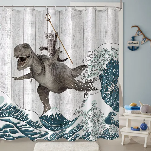 Miniatura 2 de Fungarth - Cortina de ducha divertida con gatos y dinosaurios, cortina de ducha con olas marinas para baño, tela impermeable y fresca, cortina