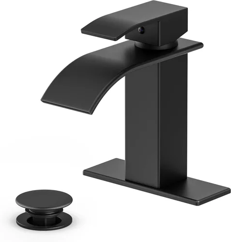 Ryuwanku Grifo de Baño Negro Mate Moderno de Cascada para Lavabo de Baño con Mango Único Adecuado para 1 o 3 Orificios, Incluye Placa de Cubierta y