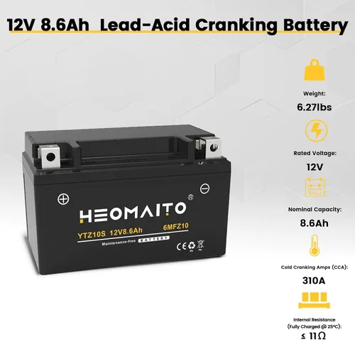 Miniatura 2 de Batería YTZ10S-BS, 12V 8.6Ah, 10HR, 310 CCA, 6MFZ10 Batería recargable sin mantenimiento SLA AGM para motocicleta, 1 paquete