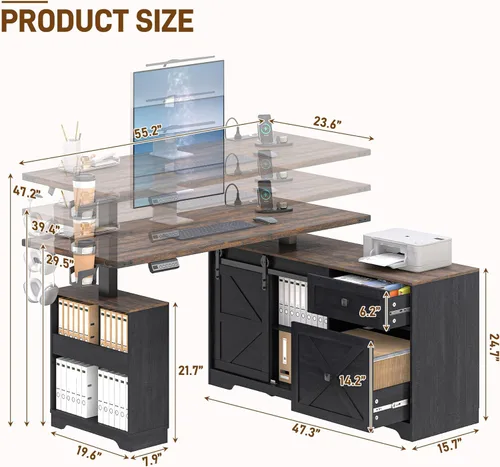 Miniatura 2 de St.Mandyu 55" Farmhouse L Shaped Electric Standing Desk with Sliding Door Storage, Height Adjustable Sit Stand Corner Computer Desk with Power