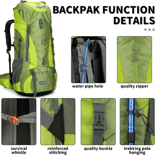 Miniatura 5 de Mochila de senderismo para hombres y mujeres, 70L+5L, impermeable, ligera, mochila de camping con cubierta de lluvia para viajes al aire libre Verde