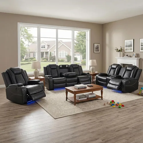 Juego de sofá reclinable eléctrico, sofás reclinables de cuero negro, 3 piezas de sofá reclinable de cuero de aire y silla de dos plazas con luces