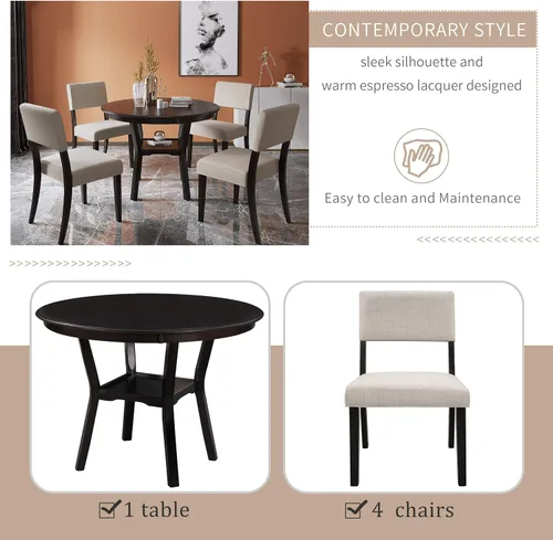 Miniatura 2 de FRANSOUL Juego de 5 mesas redondas de madera con estante inferior, 4 sillas tapizadas para comedor, cocina, comedor, desayuno familiar, color marrón