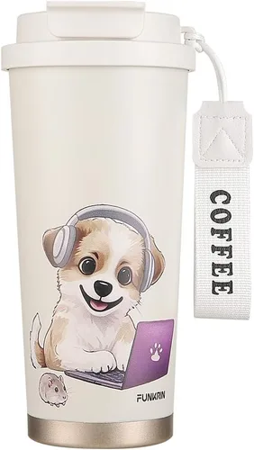 Miniatura 16 de Funkrin Taza de café aislada con revestimiento de cerámica, taza de café helado de 16 onzas con tapa abatible y asa, taza de viaje a prueba de fugas