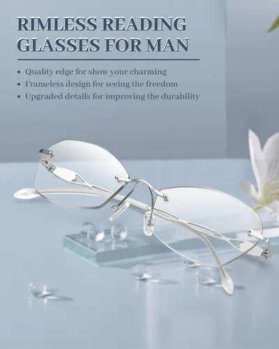 Miniatura 2 de LUFF Rimless Reading Glasses for Women Blue Light Computer Readers Lightweight 16g Metal Frame Eye Strain Relief plateado