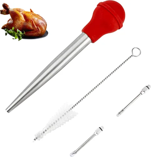 Jeringa de pavo para cocinar, inyector grande de carne de acero inoxidable, con cepillo de limpieza y 2 agujas de adobo, color rojo