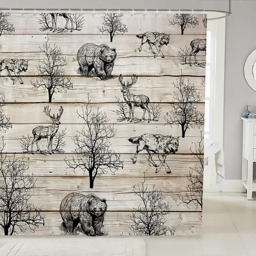 Miniatura 8 de Manfei Cortinas de ducha con diseño de oso de ciervo para niños, conos de pinos, cuernos de pata de animal, cortinas de baño impermeables con 12