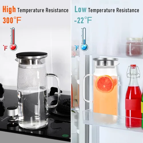 Miniatura 3 de 2 jarras de vidrio con tapa y boquilla, jarra de vidrio para agua caliente/fría con asa, jarras de té helado, jarras de bebidas para refrigerador
