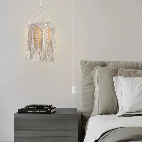 Miniatura 2 de Lámpara colgante bohemia enchufable, luces colgantes de 15 pies con cable de enchufe, lámpara colgante con pantalla de lámpara de macramé hecha a