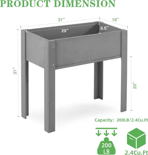 Miniatura 3 de Cama de jardín elevada con patas (31 x 16 x 31 pulgadas), maceta elevada de madera maciza para exteriores Gris