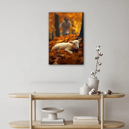 Miniatura 3 de ANRUOXI Arte Cristiano de Jesús Corriendo Después del Cordero en Lienzo para Pared, Jesús Pastor y Oveja Perdida en el Bosque de Otoño, Pintura
