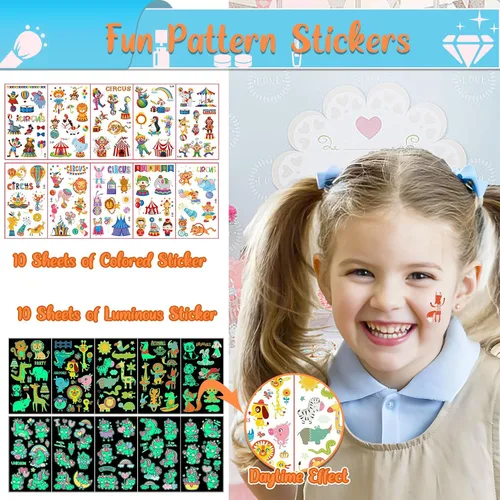Miniatura 3 de TEUVO Kit de tatuaje con purpurina para niños con polvo de purpurina de 50 colores, 132 plantillas, 10 calcomanías luminosas, 6 polvos que brillan