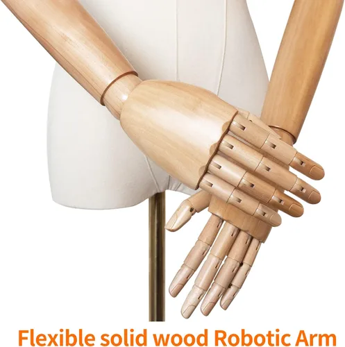 Miniatura 3 de Maniquí Cuerpo Vestido Femenino Forma Lino Tela Manikin Torso con Cabeza Desmontable Altura Ajustable Soporte de Metal, Dos Manos de Madera