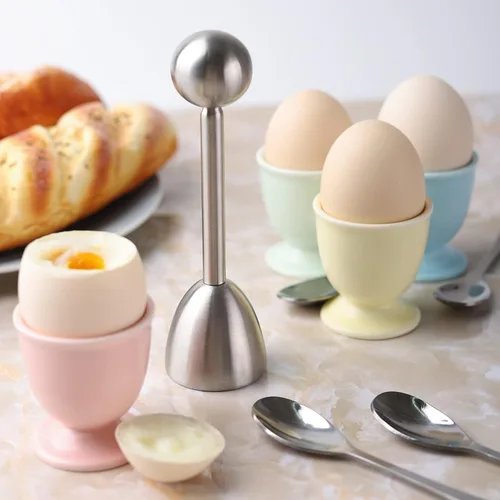 Miniatura 7 de Juego de tapas de cerámica para huevos duros y suaves, incluye 1 cortador de huevos, 4 tazas de cerámica y 4 cucharas (juego de galletas de huevo)