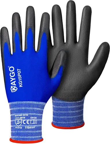 Miniatura 24 de KAYGO KG15P - Guantes de trabajo con revestimiento de poliuretano, nailon Lite, para la seguridad, revestimiento de poliuretano gris, muñeca de Azul