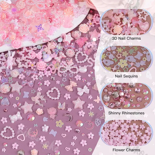 Miniatura 2 de Lindos dijes para uñas 3D, 100 piezas de conejo mariposa flor lazo, dijes de arte para uñas mixtos de diamantes de imitación de uñas con parte Rosa