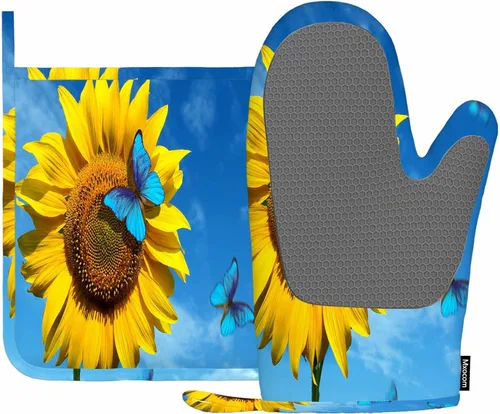 Miniatura 14 de Mxocom Juego de guantes de horno de béisbol y soportes para ollas, pelota de tenis, silicona resistente al calor, guantes para horno de cocina