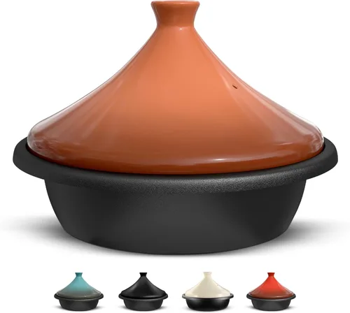 KooK Tagine marroquí, olla de hierro fundido esmaltado, tajine con tapa cerrada en forma de cono de cerámica, 3.3 cuartos de galón, terracota)