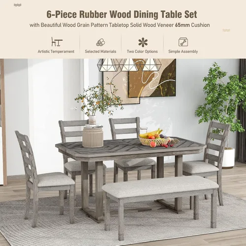 Miniatura 5 de Juego de mesa de comedor de madera de goma de 6 piezas con patrón de grano de madera y cojín suave, mesa de comedor rectangular con 4 sillas