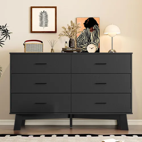 Miniatura 3 de BORNOON Cómoda para dormitorio con 6 cajones, cajonera moderna de 47.2" con manijas de metal, base en forma de X y pata central ajustable