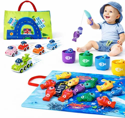 Goldge Juguetes Montessori 2 en 1 para niños de 1 año - Juego de pesca para niños pequeños con tazas apilables y autos abatibles, juguete de