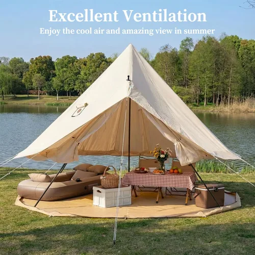 Miniatura 3 de Tienda de campaña Bell Yurt con gato de estufa, tienda de campaña de lujo impermeable para 4 estaciones, tela Oxford 420D, tiendas de campaña verde