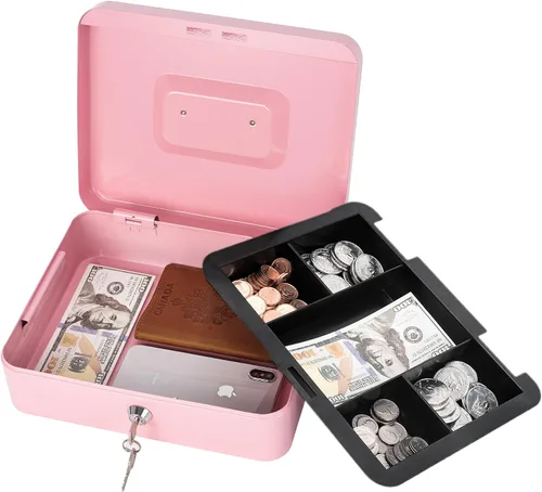 Miniatura 2 de Caja de dinero con cerradura y bandeja de dinero, caja de dinero de metal, caja grande para dinero 9.84 x 7.87 x 3.54 pulgadas, color negro