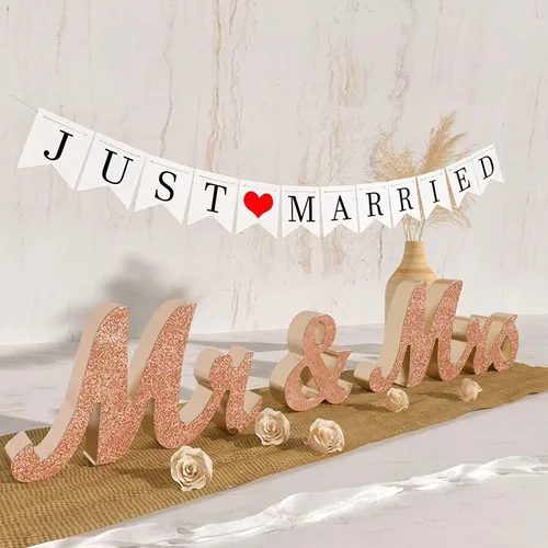 VIOPVERY Letrero de Mr & Mrs y Just Married, letras grandes de madera para mesa de amor, accesorios de fotos, decoración de boda para aniversario,