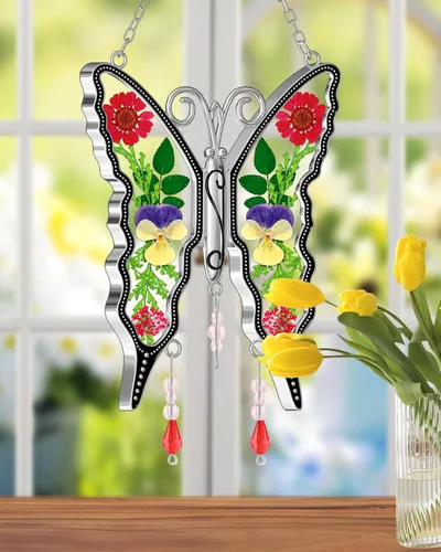 Miniatura 7 de KY&BOSAM - Atrapasoles de mariposa de vidrio para ventanas, carillón de viento, adorno colgante con flores secas presionadas entre las alas y sin