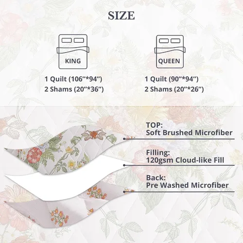 Miniatura 7 de WRENSONGE Juego de edredón floral tamaño Queen, colcha reversible de 3 piezas, ligera, suave, juego de ropa de cama con costuras de diamante