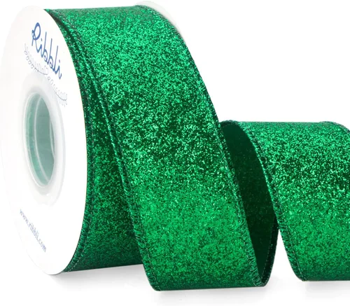 Ribbli - Cinta con alambre de brillantina verde esmeralda, verde con borde metálico, cinta de Navidad para corona, decoración del árbol de Navidad,