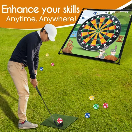Miniatura 5 de Juego de Dardos de Chip de Golf Grande de 6.5 pies × 6.5 pies con 20 Pelotas Adhesivas Coloridas, Red de Práctica de Golf Interior y Exterior