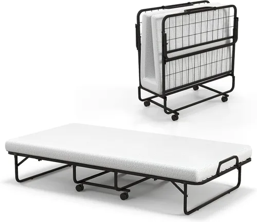 Miniatura 12 de HAPPYGRILL Cama enrollable, cama plegable con colchón de espuma viscoelástica de 5 pulgadas, marco de acero resistente, 4 ruedas universales, cama