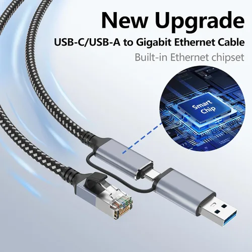 Miniatura 4 de Jadaol Cable USB-C/USB-A a Ethernet de 3 pies, adaptador USB-A integrado, LAN Gigabit RJ45 de hasta 1 Gbps, Plug & Play para la mayoría