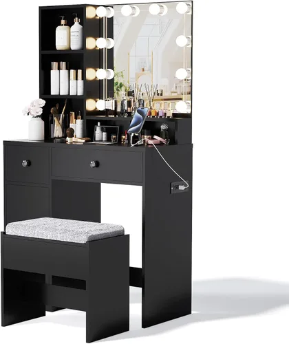 Miniatura 6 de Escritorio de tocador con espejo, luces y tira de corriente, tocador pequeño para espacios pequeños, mesa de maquillaje moderna con 4 cajones
