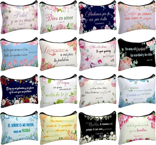 Miniatura 14 de Pinkunn - 16 bolsas de maquillaje de lona, regalos a granel para mujeres, bolsa de cosméticos inspiradores cristianos religiosos con cremallera