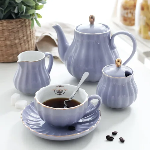 Miniatura 2 de Juego de té de porcelana de la serie British Royal, tazas y platillo de 8 onzas para 6, con tetera, azucarero, jarra de crema, cucharaditas y Púrpura