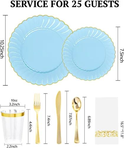 Miniatura 2 de YOUBET 175 PCS Platos de Plástico Festoneados Azules - Juego de Vajilla Desechable Azul Claro Incluye 50 Platos, 75 Cubiertos Dorados, 25 Vasos, 25
