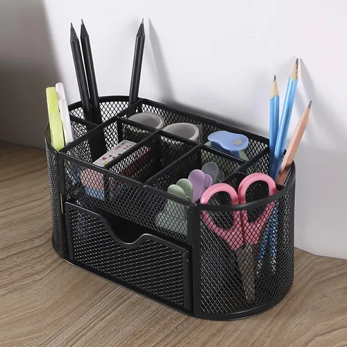 Miniatura 6 de Organizador de escritorio de malla, suministros de oficina, multifuncional, con 8 compartimentos y 1 cajón para oficina, hogar, escuela, aula