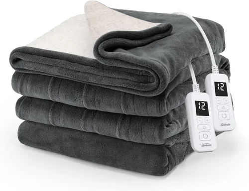 Sunbeam Electric Royal Luxe - Manta térmica de microfelpa de sherpa inversa, 12 ajustes de calor, apagado automático seleccionable de 12 horas,